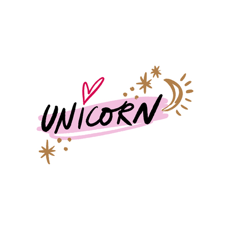 Vector nursery lettering doodle poster and postcard with unicorn text in scandinavian style, children illustration, cute animals artのイラスト素材