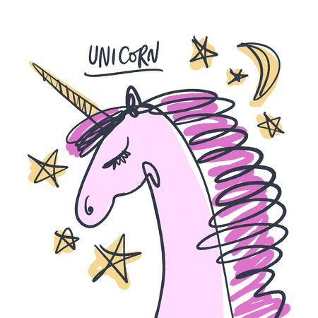 Vector nursery lettering doodle poster and postcard with unicorn in scandinavian styleのイラスト素材