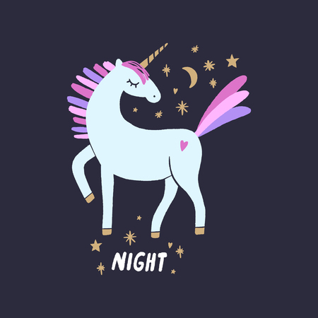 Vector nursery lettering doodle poster and postcard with unicorn in scandinavian style, trendy children illustration, cute animals artのイラスト素材