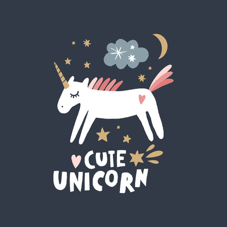 Vector nursery lettering doodle poster and postcard with unicorn in scandinavian style, trendy children illustration, cute animals artのイラスト素材