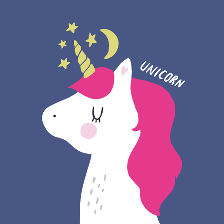 Vector nursery lettering doodle poster and postcard with unicorn face in scandinavian style, children illustration, cute animals artの写真素材