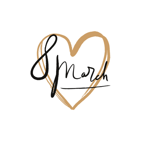 Vector EPS print. March 8 text, International Women's Day. Beautiful boho style lettering postcard. Heart frame. Ink freehand inscription. Good for holiday typographyのイラスト素材