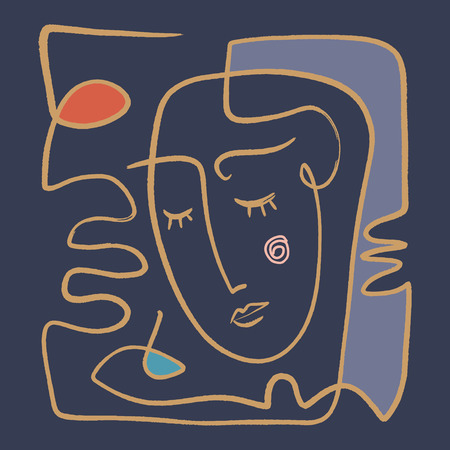 Simple hand drawn black and white trendy line portrait face art. Color print for clothes, textile and other. Vector illustration, EPSのイラスト素材