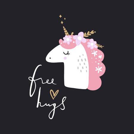 Vector EPS cute animals art. Lettering postcard with unicorn. Princess pony in simple cartoon scandinavian style. Good for nursery clothes, room posters, wall art, childish prints and stationeryのイラスト素材