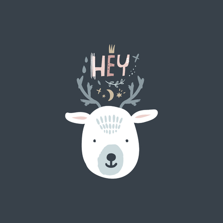 Little cute arctic deer face and lettering text, pattern elements. Child illustration, doodle, nursery scandinavian style artのイラスト素材