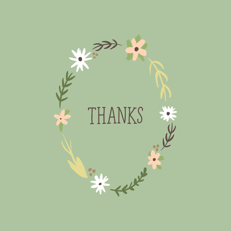 Elegant card, thanks text with hand painted pattern, wild flowers. Doodle floral summer design for holidays. Poster or postcard. Vector, clip artのイラスト素材