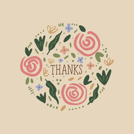 Elegant card, thanks text with hand painted pattern, wild flowers. Doodle floral summer design for holidays. Poster or postcard. Vector, clip artのイラスト素材