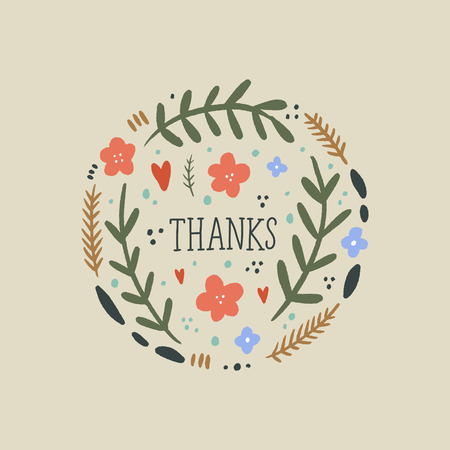 Elegant card, thanks text with hand painted pattern, wild flowers. Doodle floral summer design for holidays. Poster or postcard. Vector, clip artのイラスト素材