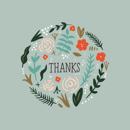 Elegant card, thanks text with hand painted pattern, wild flowers. Doodle floral summer design for holidays. Poster or postcard. Vector, clip artのイラスト素材