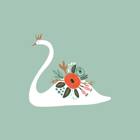 Beautiful white swan princess or queen with crown, romantic floral bouquet decor. Vector clip artのイラスト素材