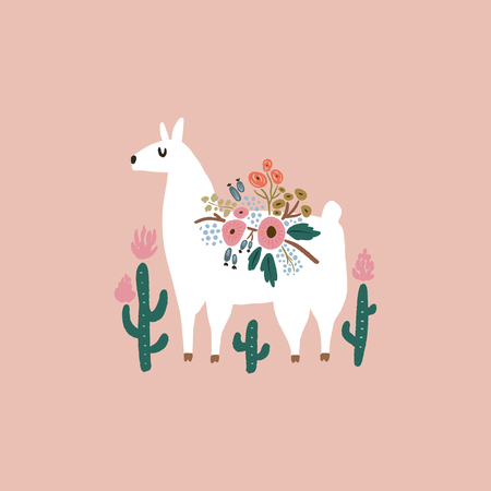 Cute bohemian llama drawing with floral decor elements, hand drawn vector illustration for cards, posters, t-shirts and moreのイラスト素材
