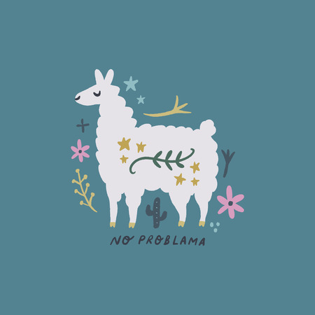 Cute bohemian llama drawing with floral decor elements, hand drawn vector illustration for cards, posters, t-shirts and moreのイラスト素材