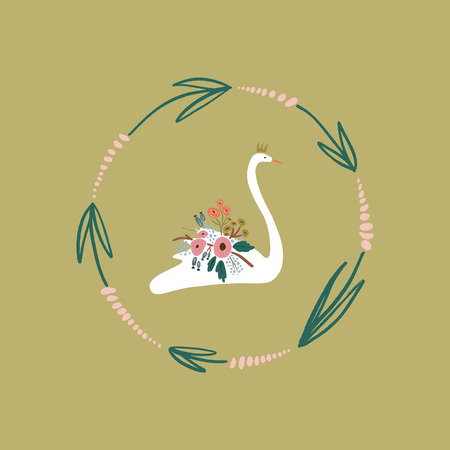Beautiful white swan princess or queen with crown, romantic floral bouquet decor. Vector clip artのイラスト素材