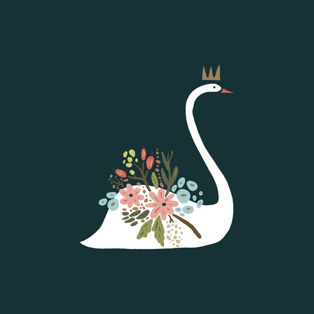 Beautiful white swan princess or queen with crown, romantic floral bouquet decor. Vector clip artのイラスト素材