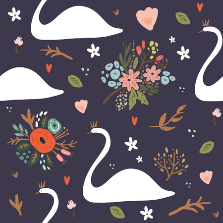 Beautiful white swan princess or queen with crown, romantic seamless pattern and floral bouquet decor elements. Vector clip artのイラスト素材