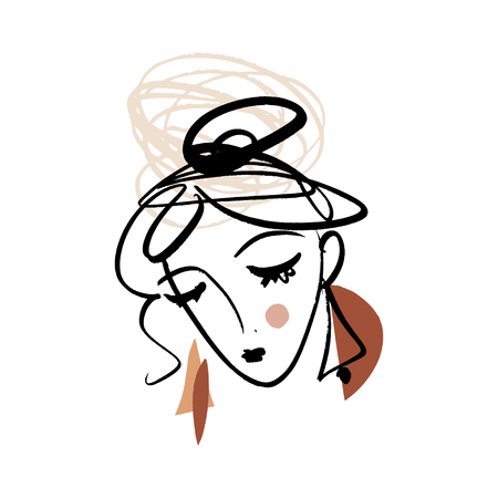 Girl fashion sketch. Simple hand drawn line portrait face art. Print for clothes, textile and other. Vector illustration, EPSのイラスト素材