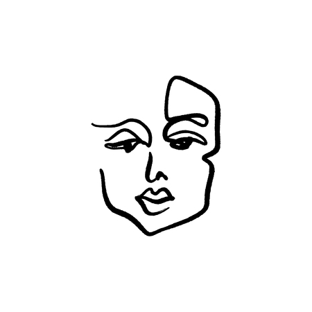 Simple hand drawn black and white trendy line drawing face. Abstraction. Monochrome print for clothes, textile and other. Vector illustrationのイラスト素材
