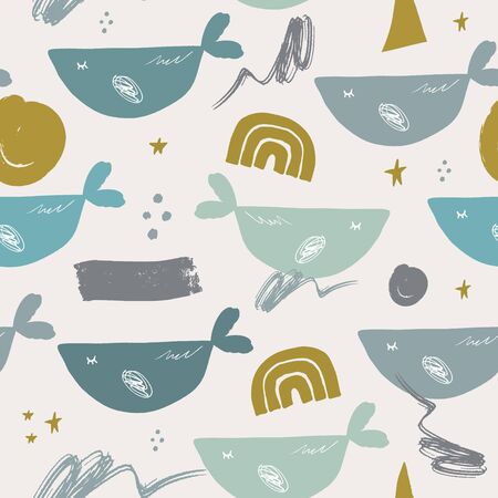 Modern seamless pattern with animals. Scandinavian style nursery print. Nordic design for interior and other.のイラスト素材