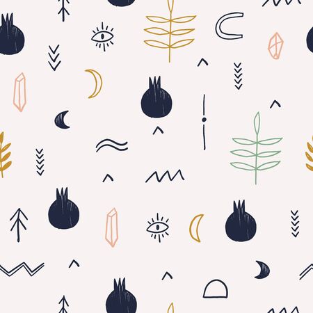 Hand drawn vector ethnic magic seamless pattern with moon, pomegranate, eyes and florals. Isolated elements.のイラスト素材