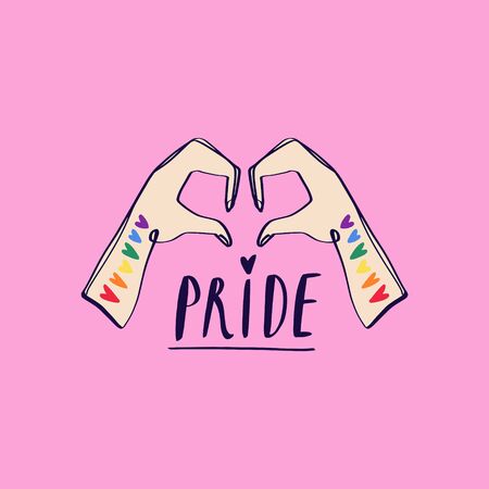 Two hands showing heart shape. LGBTQ related symbol in pink and rainbow colors. Gay Pride. Raibow community month. Love, freedom and support concept. Print for poster, cards, t-shirts and more. Vector illustration.のイラスト素材