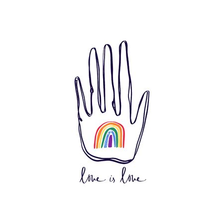 LGBT hand, stop homophobia, hand print with hand drawn rainbow, human rights observance. Lesbian, gay, bisexual, trans and intersex rights. Love is love lettering. Vector illustration.のイラスト素材