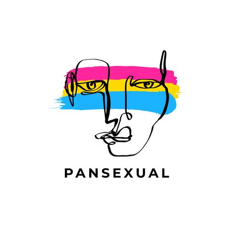 Pansexual pride grunge style flag and abstract human face line art. Gay and lesbian, icon symbol or logo. Design element for social media, poster, t-shirt print, leaflet. Vector illustration.のイラスト素材