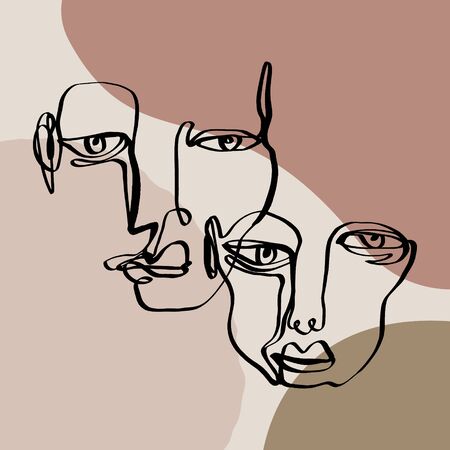 Modern abstract trendy outline face. Contemporary portrait silhouette. Hand drawn continuous line, minimalistic concept. Print for clothes, textile and other. Vector illustration.のイラスト素材