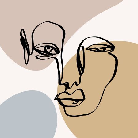 Modern abstract trendy outline face. Contemporary portrait silhouette. Hand drawn continuous line, minimalistic concept. Print for clothes, textile and other. Vector illustration.のイラスト素材
