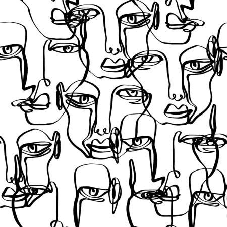 Modern abstract trendy outline face. Contemporary portrait silhouette. Hand drawn continuous line, minimalistic concept. Print for clothes, textile and other. Vector illustration.のイラスト素材