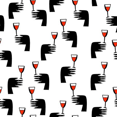 Seamless doodle sketches pattern with wine glass and hand. Vector image.のイラスト素材