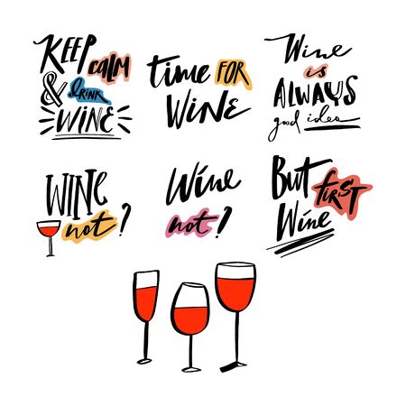Handwritten wine alcohol and chill lettering quotes. Vector illustration.のイラスト素材
