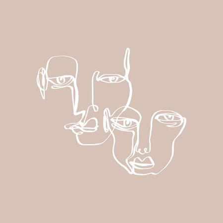 Modern abstract trendy outline face. Contemporary portrait silhouette. Hand drawn continuous line, minimalistic concept. Print for clothes, textile and other. Vector illustration.のイラスト素材