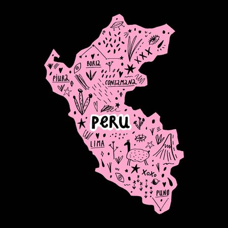 Vector handdrawn stylized map of Peru. Travel doodle illustration with landmarks and animals. Detailed and isolatedのイラスト素材