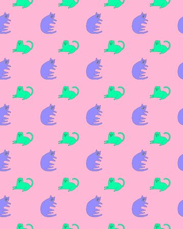 Acid cats seamless pattern. Cartoon doodle stupid style. Halloween fairy tale theme. Vector illustrationのイラスト素材