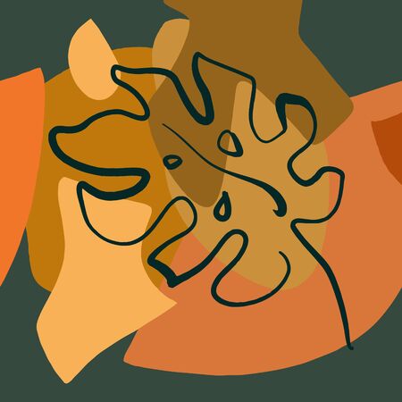 Artistic Modern Terracotta Palette Background Hand-drawn Graphic Tropical Summer Plant Monstera Leaf Abstract Lines Stylish Poster Vector Clipartのイラスト素材