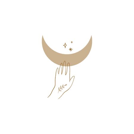 Tiny line art handdrawn style or icon symbol of magical hand with branch holds the Moon. Good for fashion theme, nature care, beauty industry, wedding postcards. Vector illustration. Clipart image.のイラスト素材