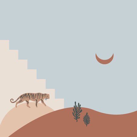 Cartoon cute tiger and Moon in desert. Hand drawn wild cat. Flat design collage composition. Creative modern nursery poster or banner. Pastel colors. Vector illustration. Clipart image.のイラスト素材