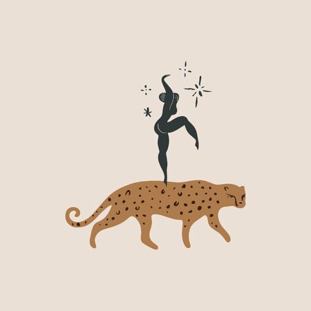 Girl and leopard art. Woman and wild tropical cat friendship concept. Human and animal funny print. Vector illustration. Clipart image.のイラスト素材