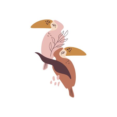Tropical cartoon abstract isolated toucans couple. Trendy collage style. Cute exotic birds with palm leaves in jungle on white background. Summer illustration, editable vector fileのイラスト素材