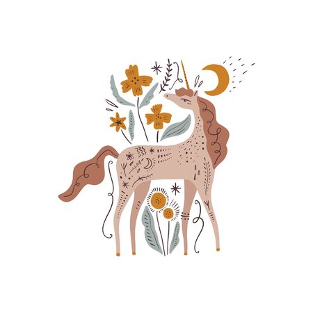 Cute isolated stylish boho moon unicorn composition. Good night concept. Magical animals. Pastel colors. Pony nursery print. Vector illustrationのイラスト素材
