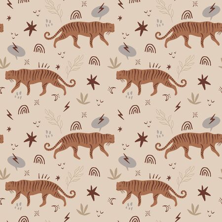 Vector doodle seamless pastel pattern with cute tigers in the jungle. Tropical cats background. Boho wallpaper designのイラスト素材