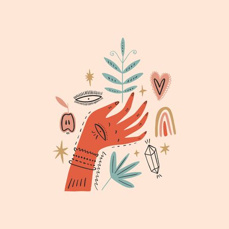 Magical ornate hand. Planet week art, Earth day. Save nature, green life concept. Vector Illustration. Clipart imageのイラスト素材