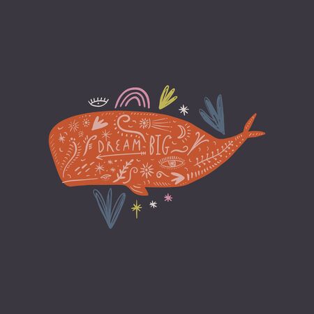 Vector cute doodle cartoon whale, drawing sealife with floral pattern elements, summer animal print with text letteringのイラスト素材