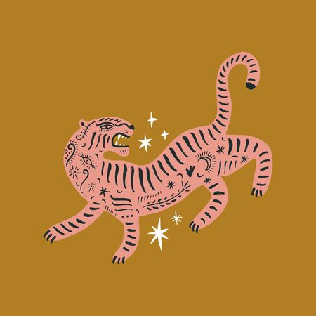 Vector card with cute ornate boho asian style tiger. Beautiful animal print design. Fashionable stylish poster or postcardのイラスト素材