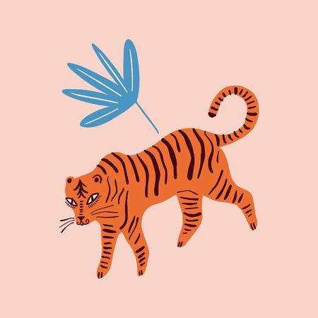 Vector cute childish animal, baby illustration, bengal tiger comic cartoon style art, stripes pattern. Hand drawn print for posters, cards, t-shirtsのイラスト素材