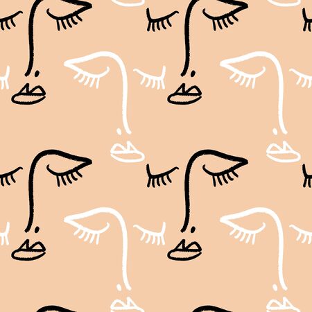 One line drawing abstract faces seamless pattern. Modern aesthetic print, minimalism, contour line art. Continuous with people faces.のイラスト素材