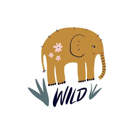 Vector pastel color hand drawn illustration of African elephant and inscription Wild. Nursery scandinavian style art, white background. Cute baby poster or postcard, lettering animal print designのイラスト素材