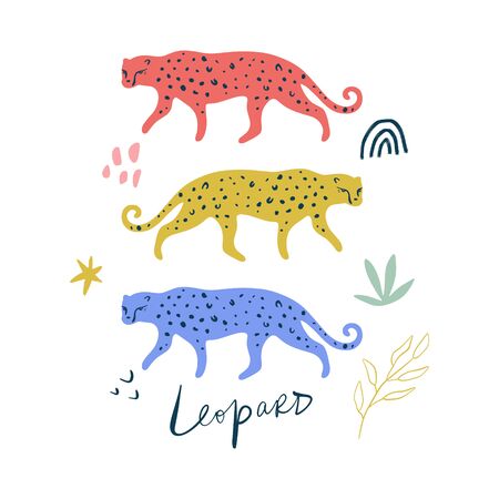 Cute cartoon leopard flat style hand drawn nursery clipart. Cheetah or jaguar character. Jungle forest, savannah animal. African little predator. Zoo, safari concept. Good for travel postcard, kids book illustrationのイラスト素材
