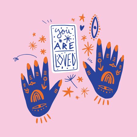 Hand drawn female witch hands with gold flash tattoo and snake. Print, sticker, patch.のイラスト素材