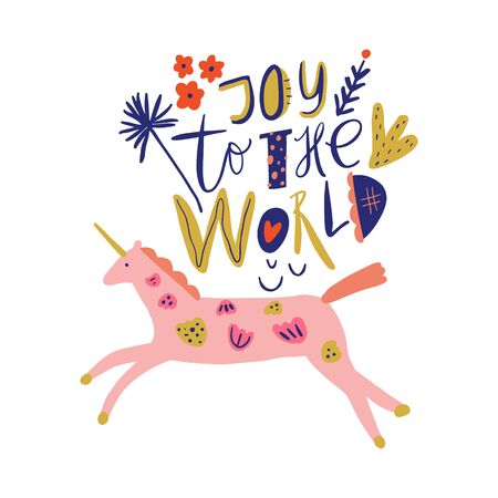Spring lettering unicorn greeting card. Horse with folk nordic floral ornament. Paper cut animal in flat modern scandinavian style.のイラスト素材